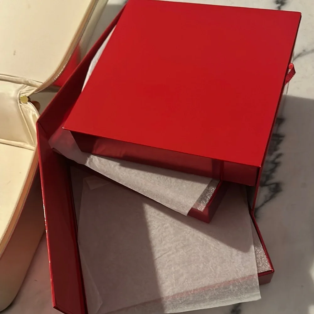 Bold Red Cardboard Cosmetic Box & Zippered Gold Tone Traincase